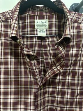 L.L. Bean Men's Burgundy and Cream Plaid Button-Down Shirt